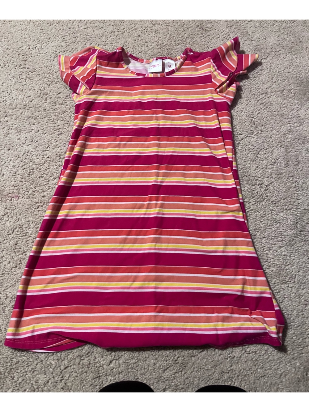 Girls Striped Pink & Orange Flutter Sleeve Dress